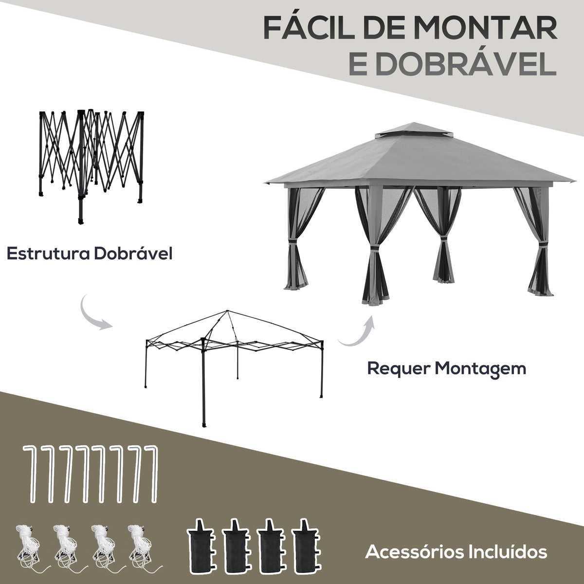 Tenda Dobrável Pop-UP 3,92x3,92x2,83 m Tenda de Jardim com Altura Ajustável Proteção UV50+ Teto Duplo Rede Mosquiteira e Bolsa de Transporte com Rodas para Festas Campismo Cinza e Preto — foto 5