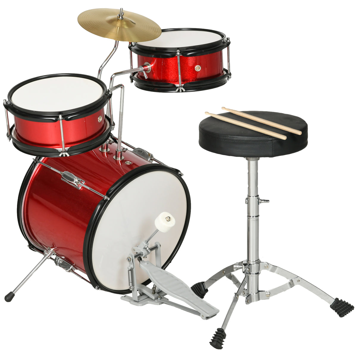 Bateria Infantil com Banco Ajustável Bateria para Crianças de +3 Anos com Tambores Bombo Prato Pedal e Baquetas 80x60x48-65 cm Vermelho — foto 1