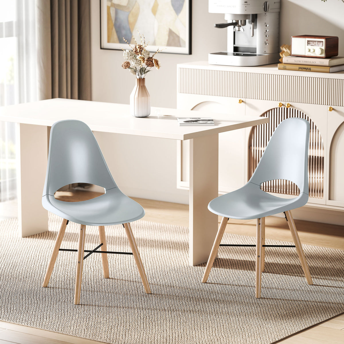 Conjunto de 2 Cadeiras de Jantar de Plástico Cadeiras de Cozinha Modernas com Encosto Curvado e Pés em Madeira de Borracha para Sala de Estar Quarto 47x49x84 cm Cinzento — foto 2