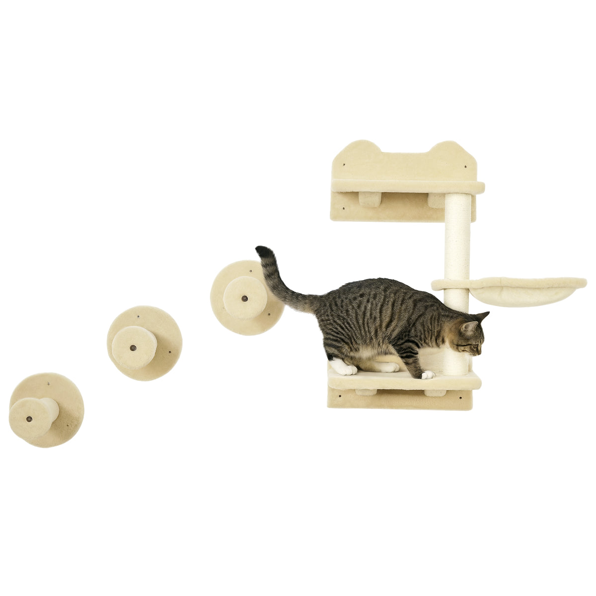Conjunto de Prateleiras de Parede para Gatos de 4 Peças Arranhador de Parede para Gatos com 3 Postes de Sisal Rede e 1 Plataforma para Saltar de 3 Níveis Bege — foto 1