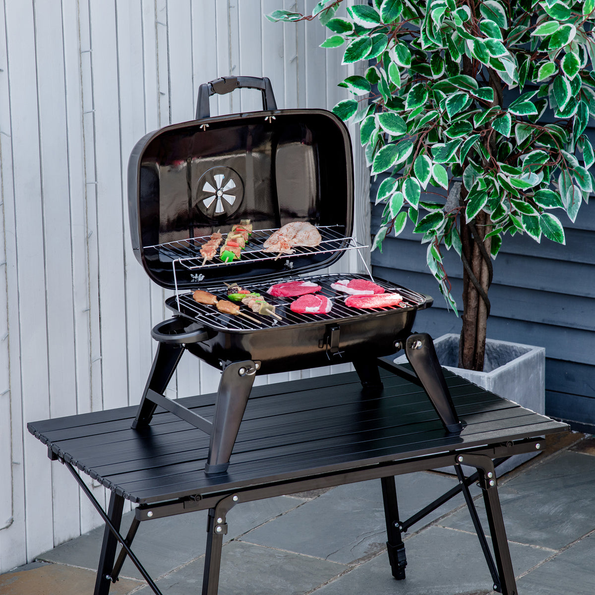 Barbecue a Carvão Portátil Barbecue a Carvão de Mesa Compacta para Jardim Exterior Campismo 59x43x39 cm Preto — foto 2
