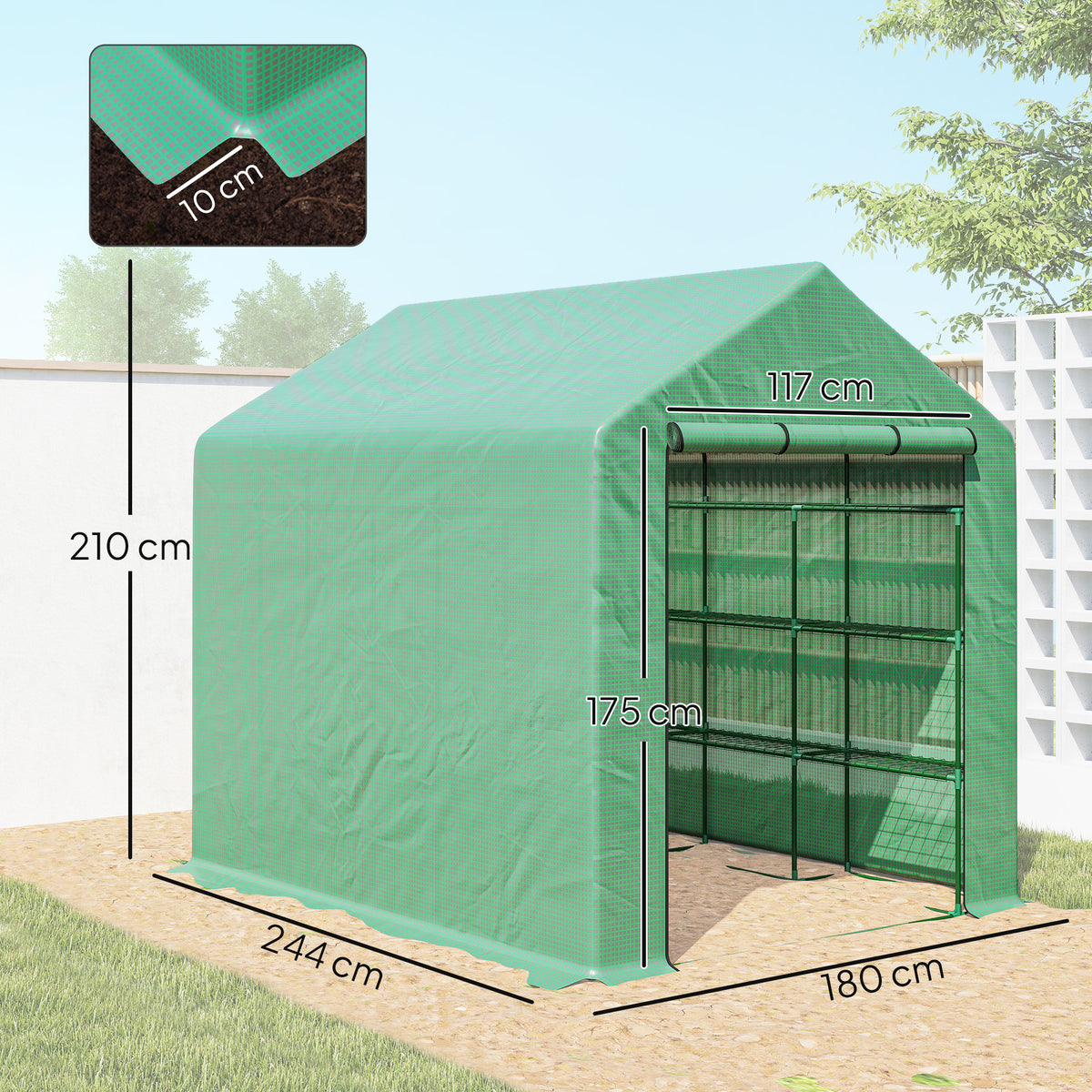 Estufa de Jardim Estufa de Exterior com Prateleiras de 4 Níveis Porta com Fecho de Correr e Estrutura de Aço Estufa Pequena Estufa para Cultivar Plantas Flores 244x180x210 cm Verde — foto 3