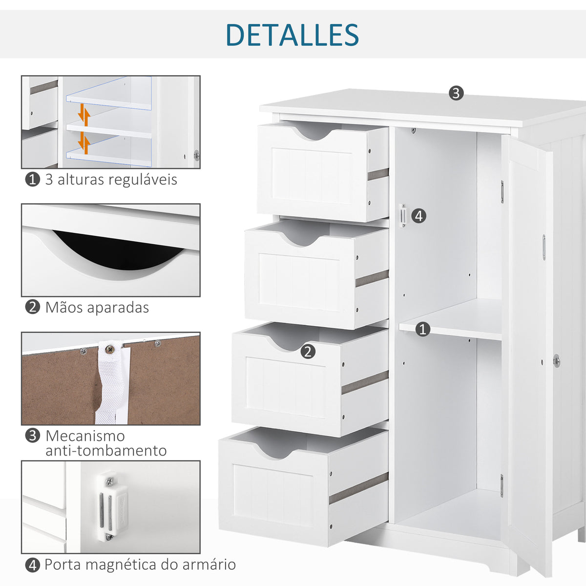 Armário Casa de Banho de Madeira Móvel Auxiliar Organizador Moderno de Madeira com 1 Armário e Gavetas 56x30x83 cm Branco — foto 5