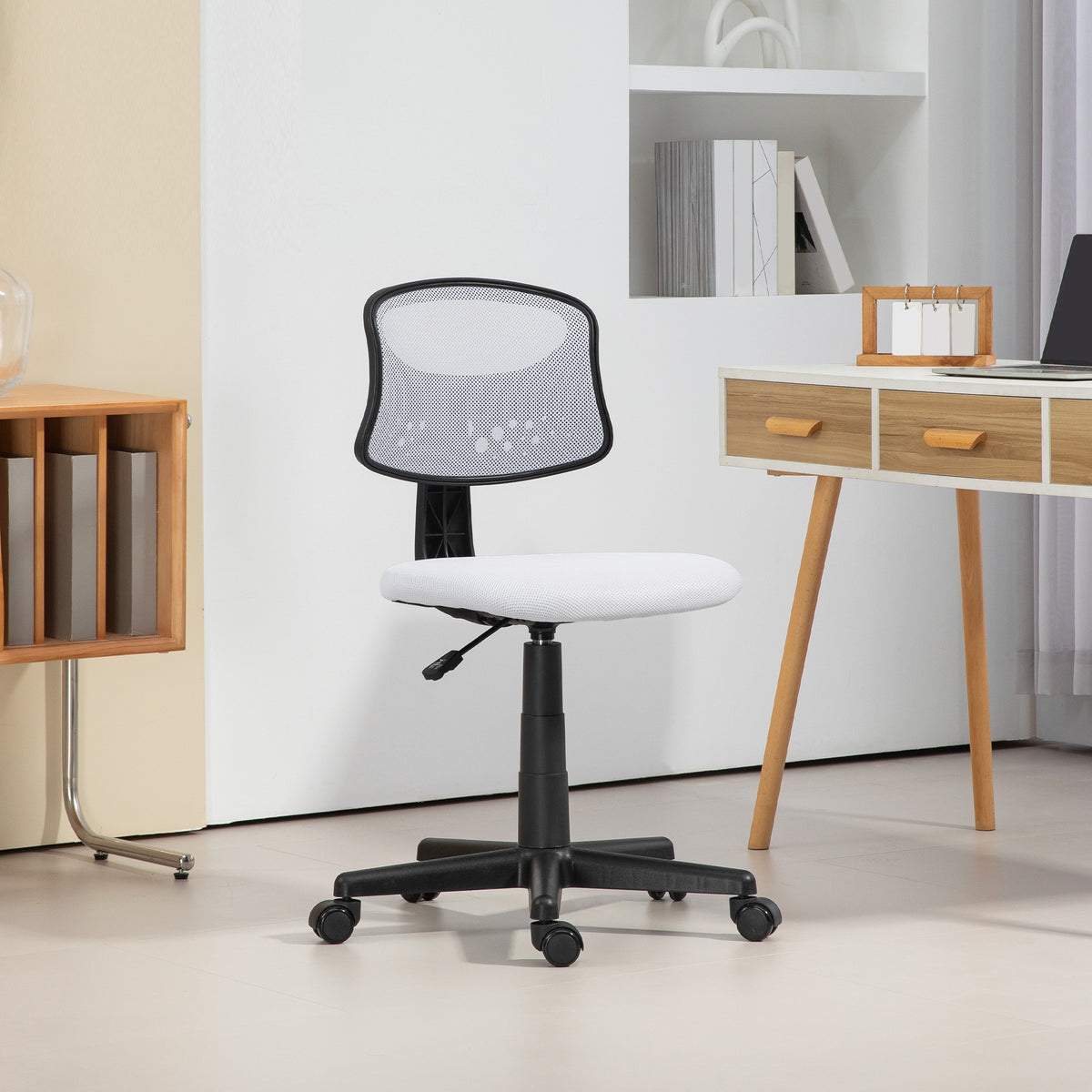 Cadeira de Escritório sem Apoio para os Braços Cadeira de Escritório Giratória com Encosto de Malha Respirável Altura Ajustável Carga 120 kg 43x48x78-88 cm Branco — foto 2