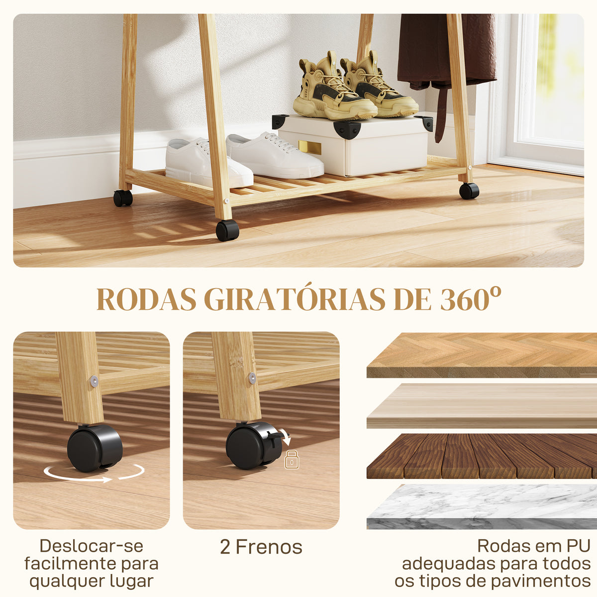Charriot de Bambu para Roupa Charriot para Roupa com Rodas 2 Prateleiras Abertas e 2 Ganchos para Entrada Corredor Dormitório 84,5x43,5x158 cm Madeira — foto 5