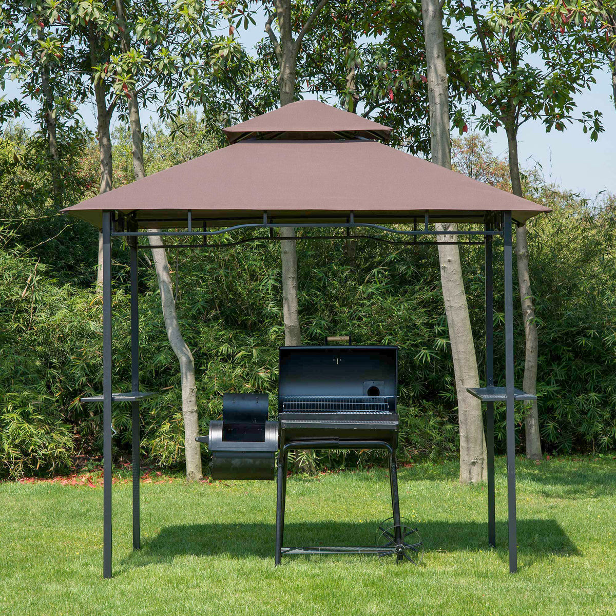 Pavilhão do jardim 245x148 cm Gazebo com teto duplo 2 prateleiras laterais com abridor de garrafas para churrasco eventos ao ar livre cor marrom — foto 2