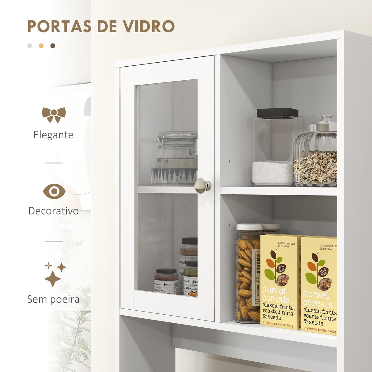 Armário de Cozinha com 2 Armários com Portas de Vidro Temperado 2 Compartimentos Abertos 4 Gavetas e Prateleiras Ajustáveis 60x35x180 cm Branco — foto 6