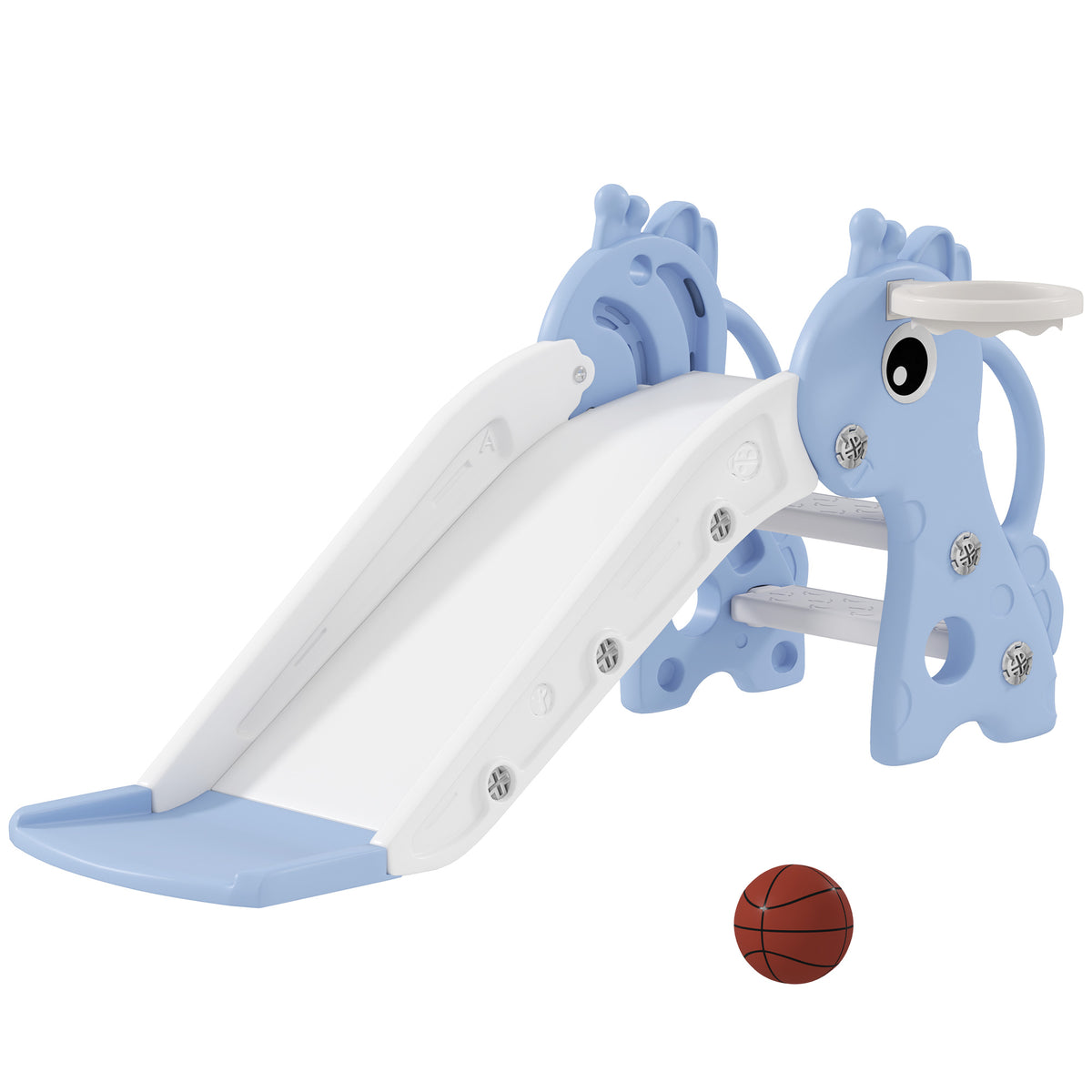 Escorrega Infantil 3 em 1 Escorrega para Crianças de 1 a 3 Anos com Escada Tabela de Basquetebol e Desenho de Girafa para Interior 106x51,5x52 cm Azul Claro — foto 1