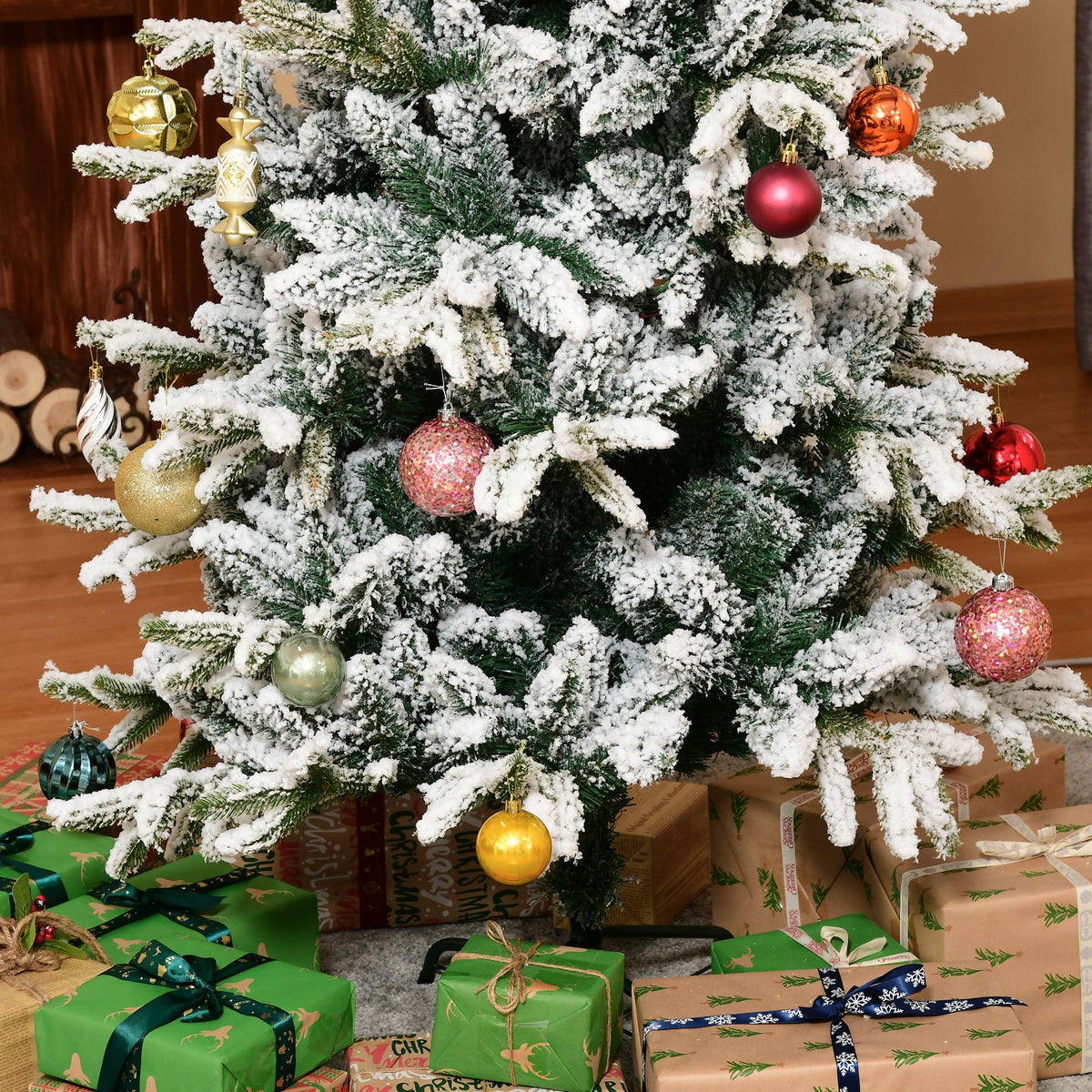 Árvore de Natal Ø95x210cm Neve Artificial com 784 Pontas de Ramos Ignífugos e Suporte de Aço Decoração de Natal para Interiores Verde e Branco — foto 9