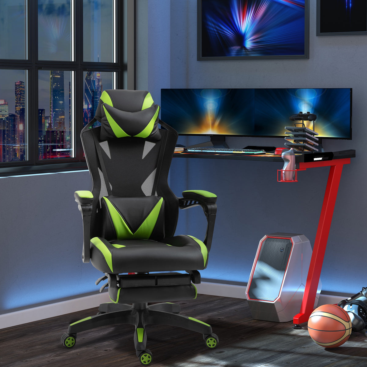 Cadeira Gaming Ergonómica Cadeira Gaming para Escritório com Altura Ajustável Encosto Regulável Almofada Lombar Apoio para os Pés Retráteis 65x70x117-125cm Verde — foto 2