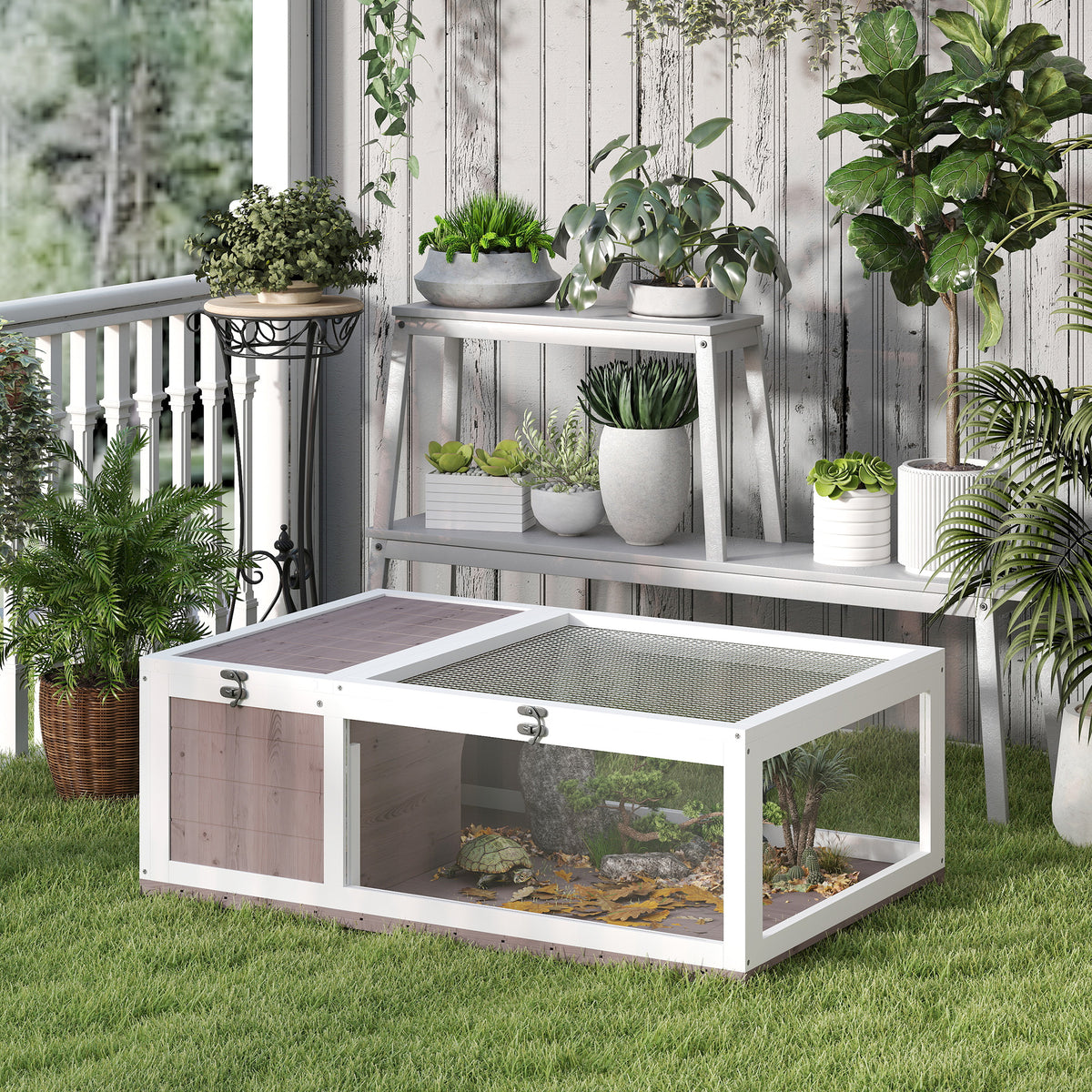 Casa para Tartarugas de Madeira Terrario para Reptéis com Teto de Malha Painéis Laterais Transparentes e Trava de Segurança 91x60,5x32 cm Castanho Acinzentado — foto 2