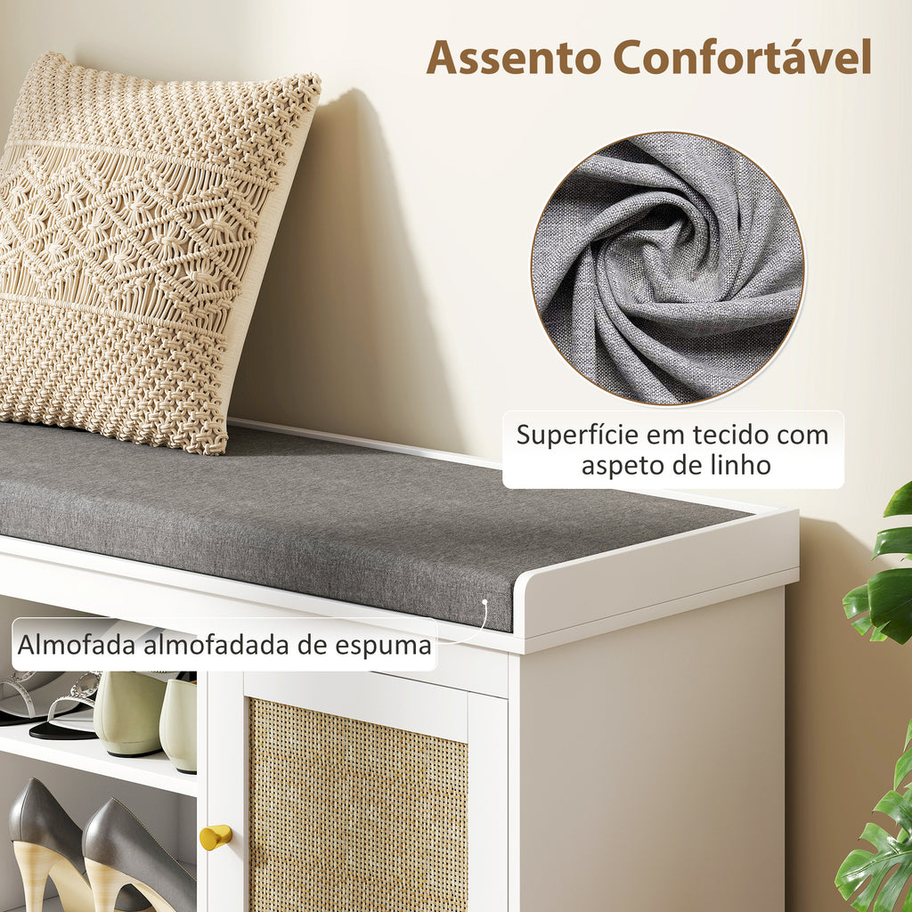 Banco Sapateira Móvel Sapateira Boémio com Assento Acolchoado Portas com Frente em Vime Prateleira Aberta Prateleira Ajustável para 9 Pares de Sapatos para Entrada 105x35x47 cm Branco — foto 5