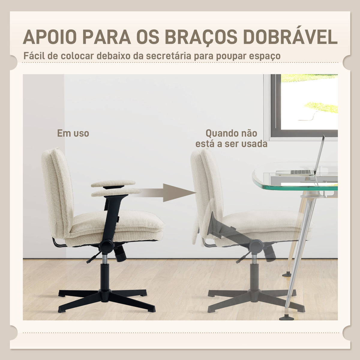 Cadeira de Escritório Cadeira de Secretária com Apoios de Braço Rebatíveis Assento Largo sem Rodas Altura Ajustável Giratória Função Basculante e Estofada em Linho 76x70x85-97 cm Creme — foto 5
