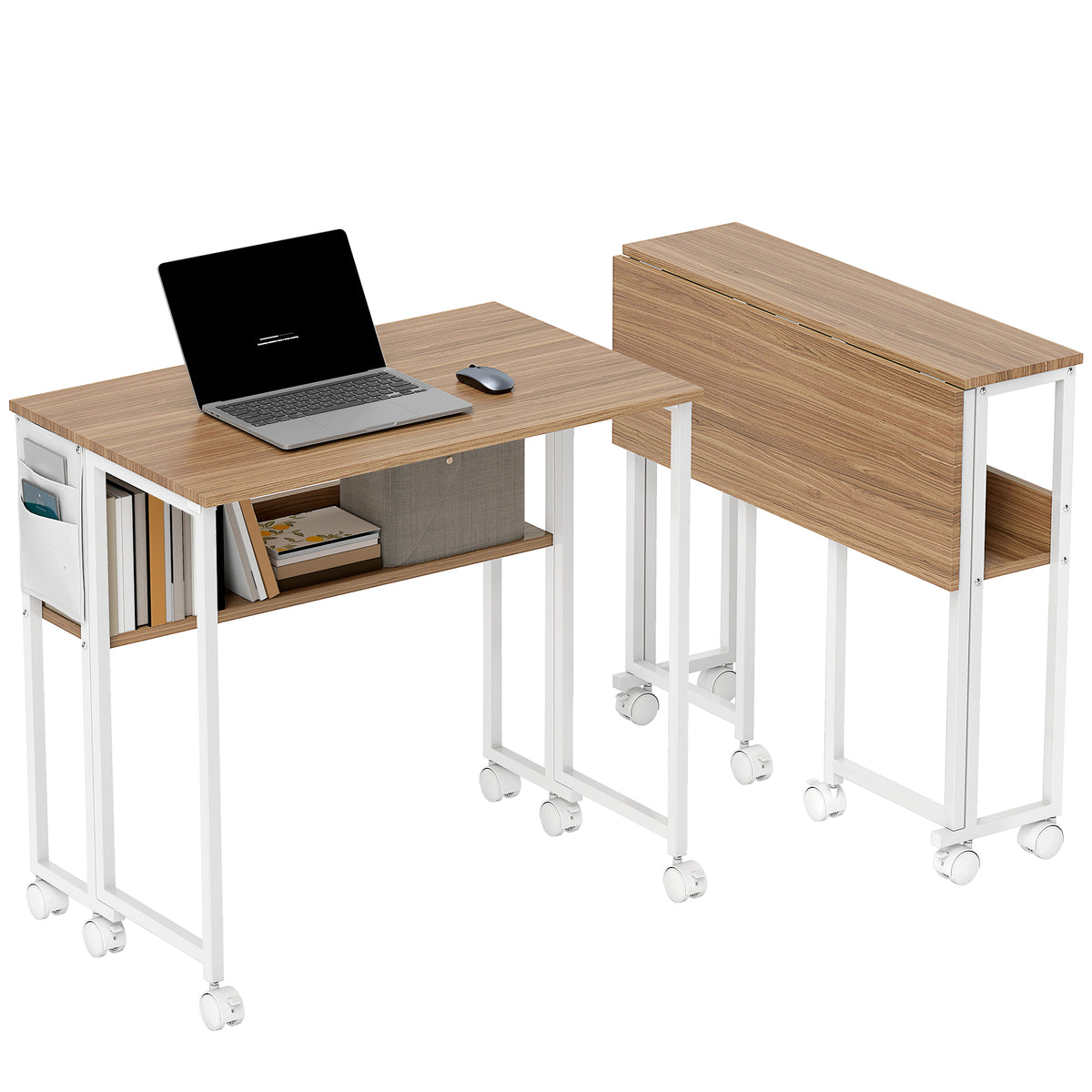 Secretária Dobrável com Rodas e Prateleira Mesa Secretária Compacta com Bolsa de Armazenamento Mesa para Computador Portátil para Casa Escritório Espaços Pequenos 80x50x75 cm Madeira e Branco — foto 1