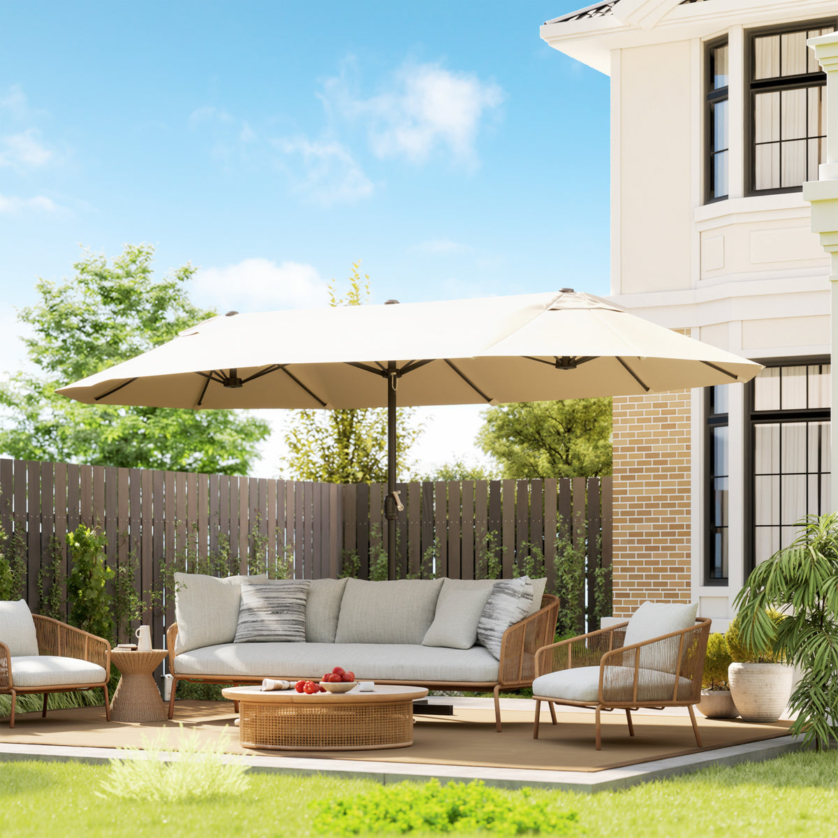 Chapéu de Sol Duplo 4,55x2,65x2,38 m Chapéu de Sol de Jardim com Manivela Manual Resistente à Água e com Proteção Solar UV para Terraço Pátio Creme — foto 2