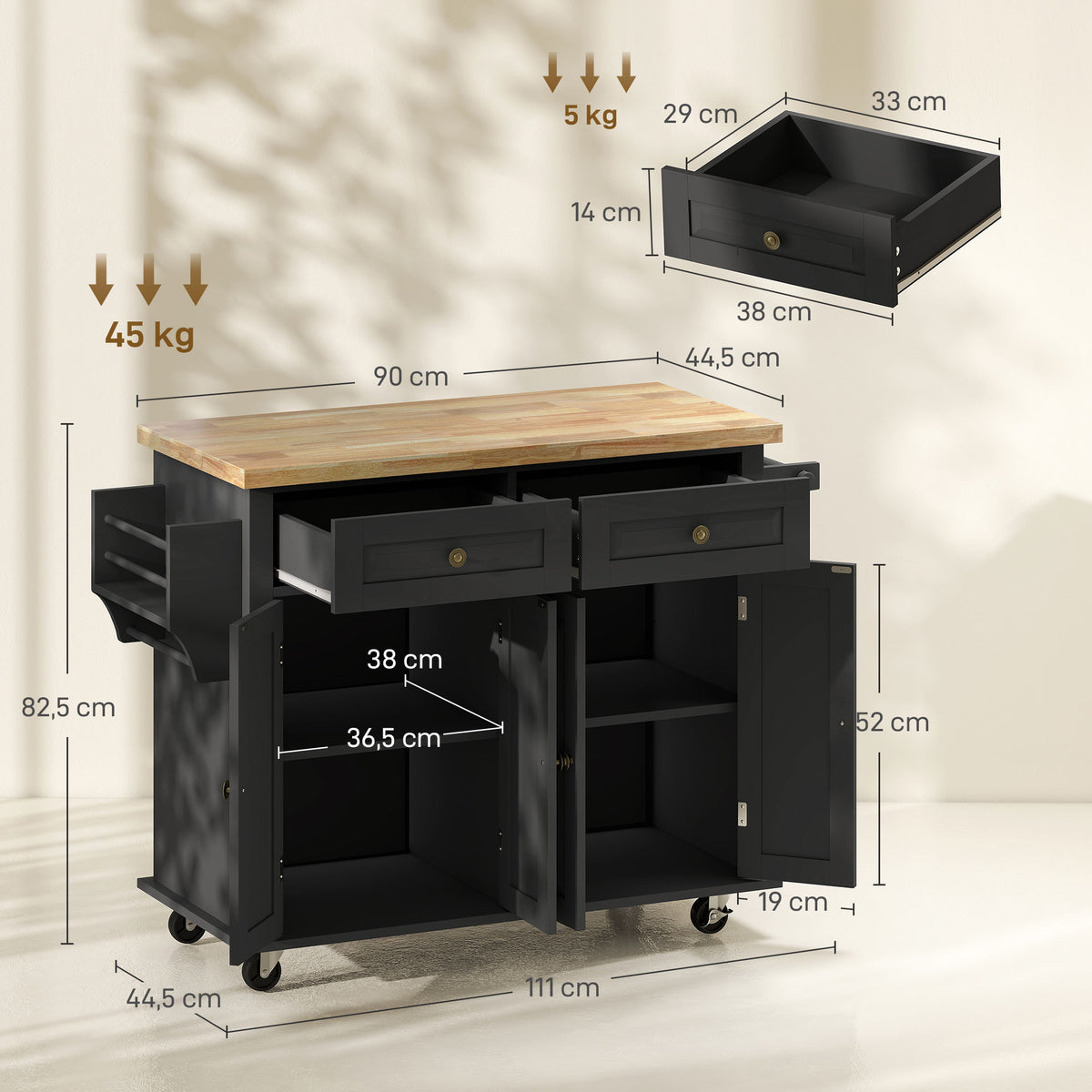 Ilha de Cozinha com Rodas Móvel Auxiliar de Cozinha com 2 Gavetas 4 Portas Suporte para Temperos e Barra Lateral 111x44,5x82,5 cm Preto e Madeira — foto 3