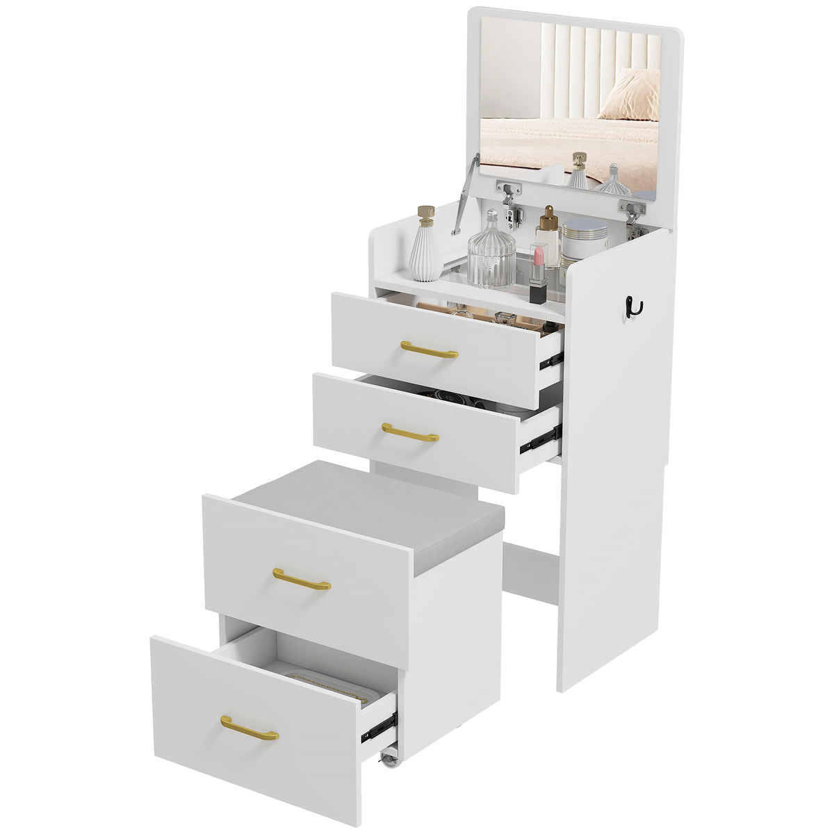 Toucador de Maquilhagem 3 em 1 com Banco Mesa de Maquilhagem com Espelho Gavetas e Bancada de Vidro Visível Toucador Moderno para Quarto 48x40x90 cm Branco — foto 1