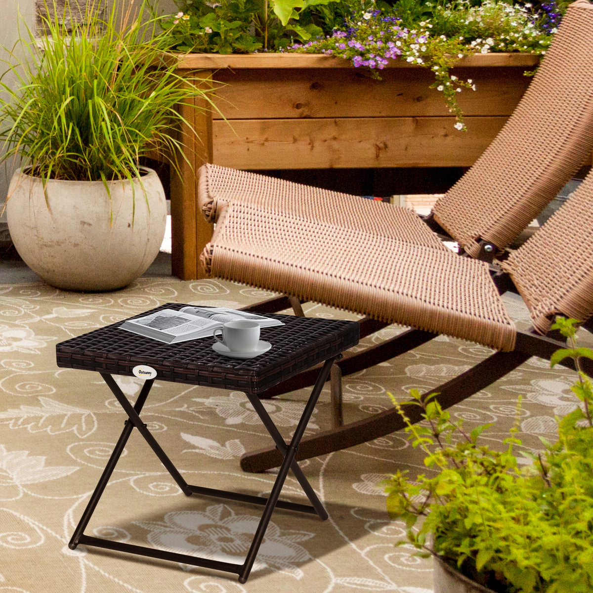 Mesa de Jardim em Vime Sintético Mesa de Terraço Exterior Dobrável com Pés Cruzados e Estrutura de Aço para Pátio Varanda 40x40x40 cm Marróm — foto 2