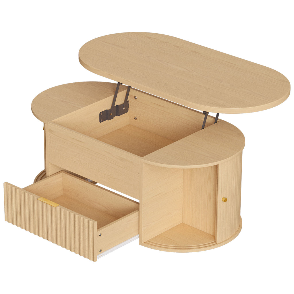 Mesa de Centro com Tampo Elevatório Oval Compartimento Oculto Gaveta Canelada Portas de Correr e Armários 100x50x40 cm Carvalho — foto 1