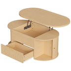 Mesa de Centro com Tampo Elevatório Oval Compartimento Oculto Gaveta Canelada Portas de Correr e Armários 100x50x40 cm Carvalho — foto 1