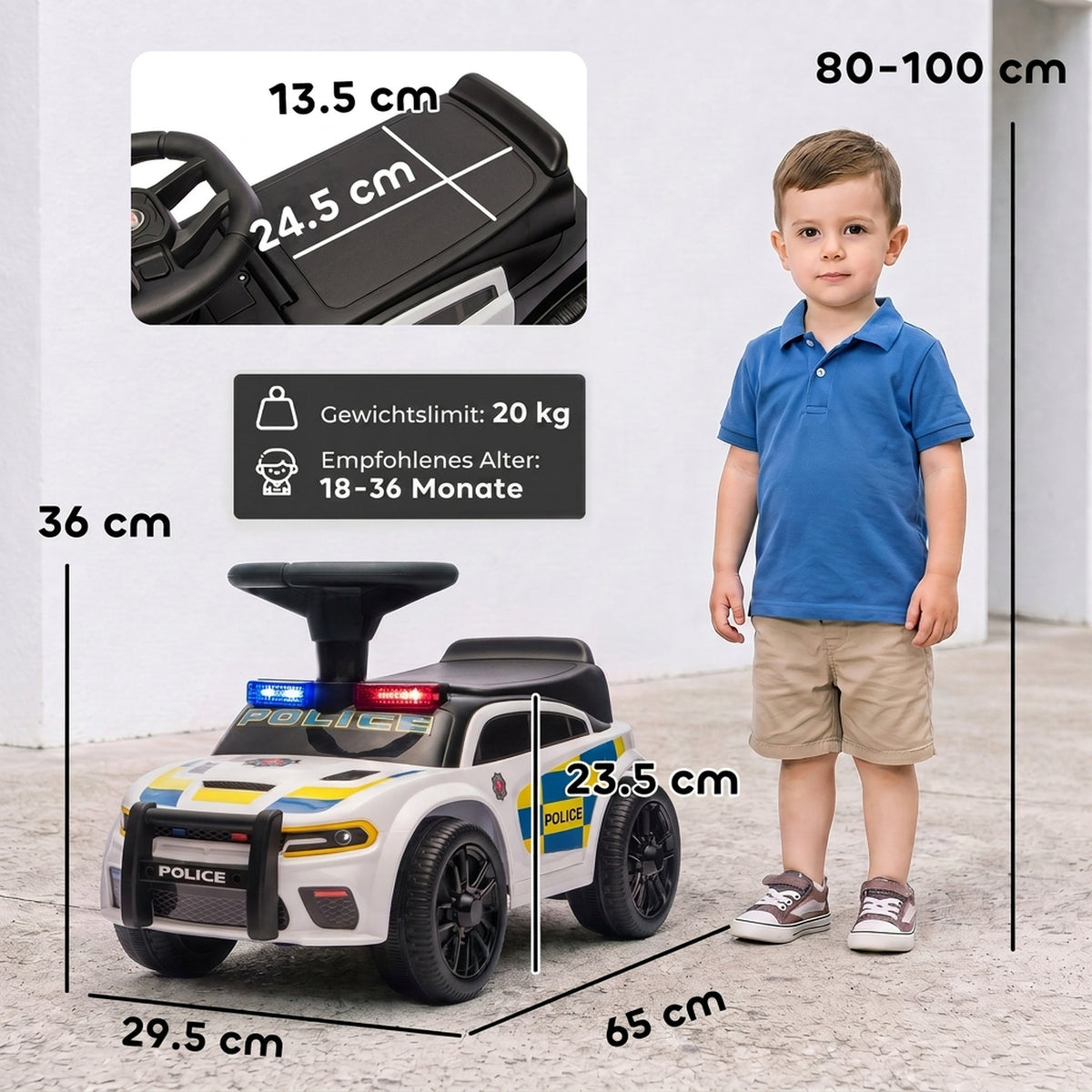 Carrinho de Empurrar Infantil Polícia com Música, Luz, Proteção Anti-Tombamento & Compartimento sob o Assento 18-36 Meses Branco — foto 2