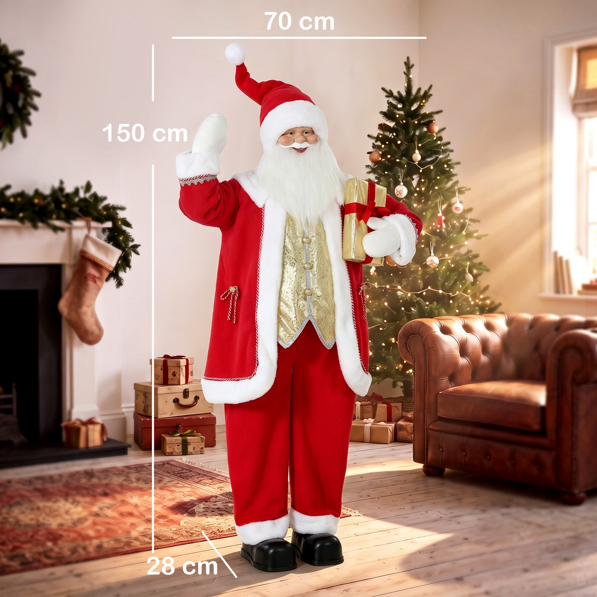 Papai Noel Cantor, 150 cm, figura animada de Natal em pé com sino e guirlanda, ativada por som/toque — foto 2