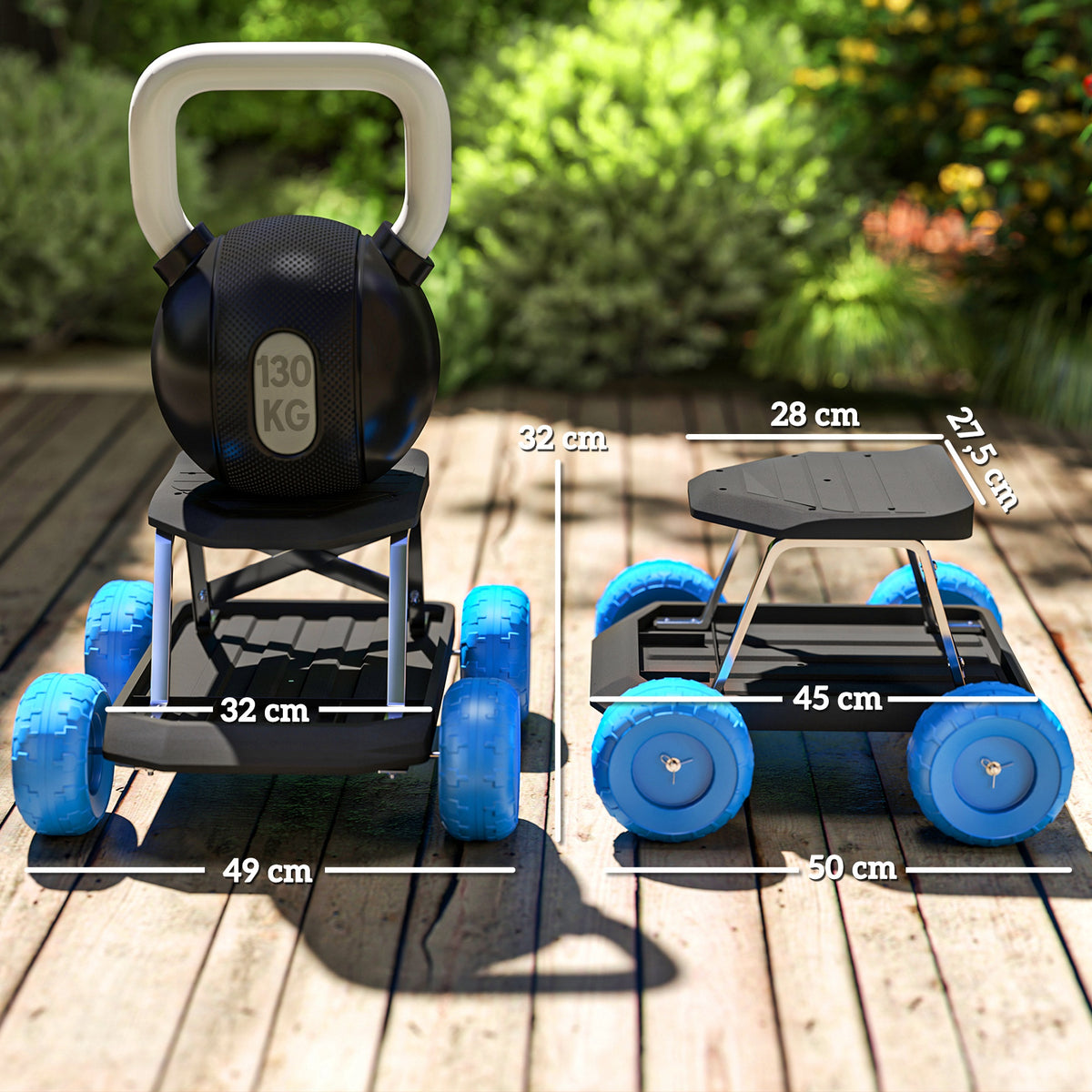 Assento de jardim sobre rodas banco de jardinagem bandeja para ferramentas para arrancar ervas daninhas plantar 50 x 49 x 32 cm azul — foto 2