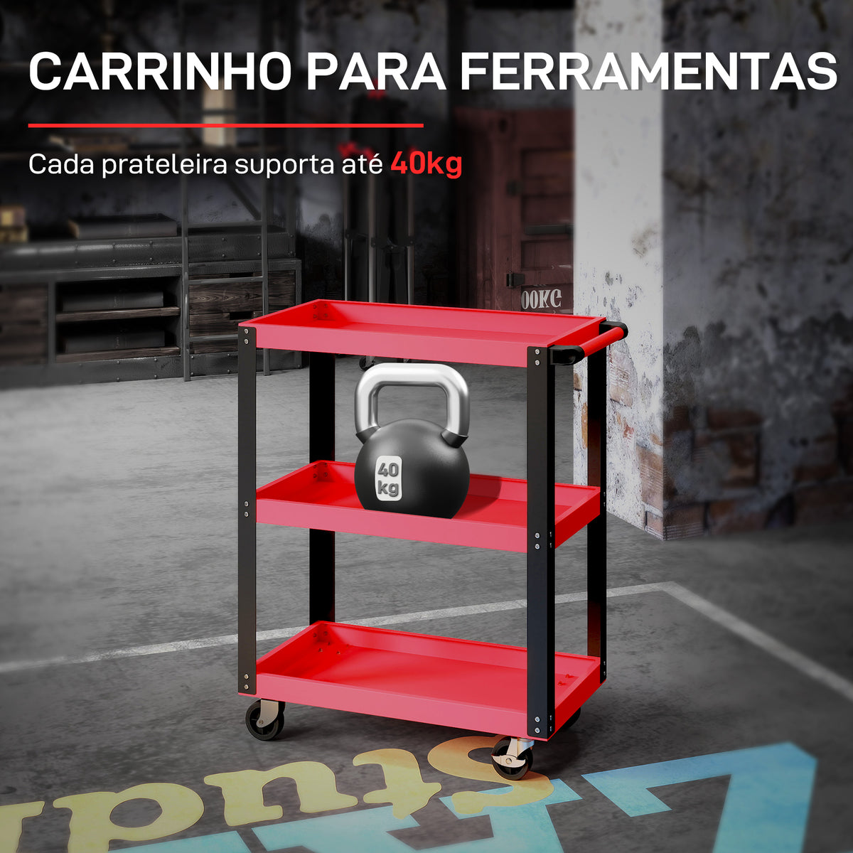 Carrinho de Oficina Carrinho de Ferramentas com 3 Prateleiras Rodas com Travões e Alça Lateral para Garagem Mecânica Casa Carga 120 kg Vermelho — foto 4