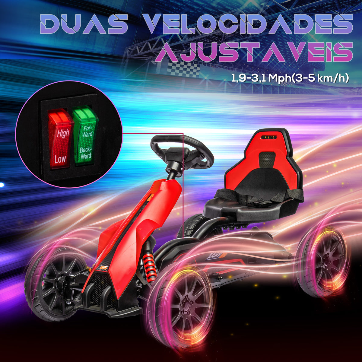 Go Kart Carro Elétrico para Crianças de 3 a 8 Anos Kart a Bateria 12V Velocidade Ajustável 3-5 km/h e Cinto de Segurança Carga 30 kg para Exterior 100x58x58,5 cm Vermelho — foto 5