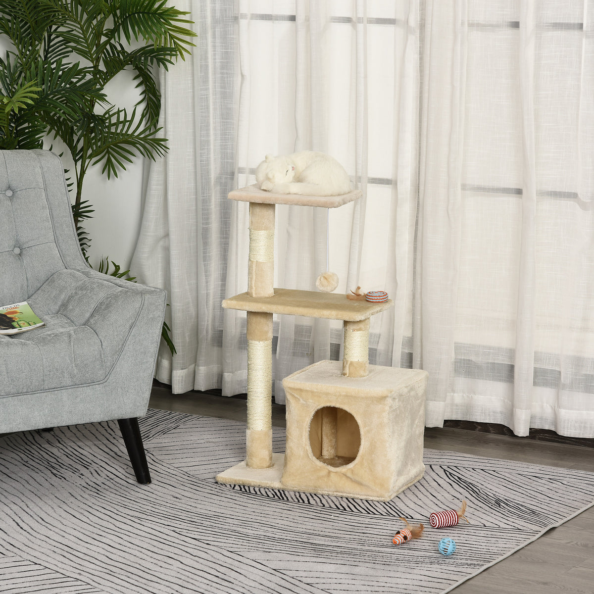 Arranhador para Gatos 50x30x81,5 cm Centro de Múltiplas Atividades para Gatos com Poste de Sisal Plataformas Caverna e Bola Suspensa Bege — foto 2