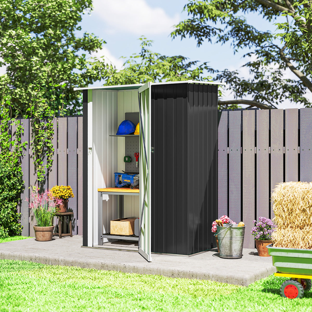 Abrigo de Jardim 1,07m² 142x84x189cm Abrigo de Jardim de Aço Galvanizado com Porta Fechadura e Orifícios de Drenagem para Armazenamento de Ferramentas Cinza — foto 6