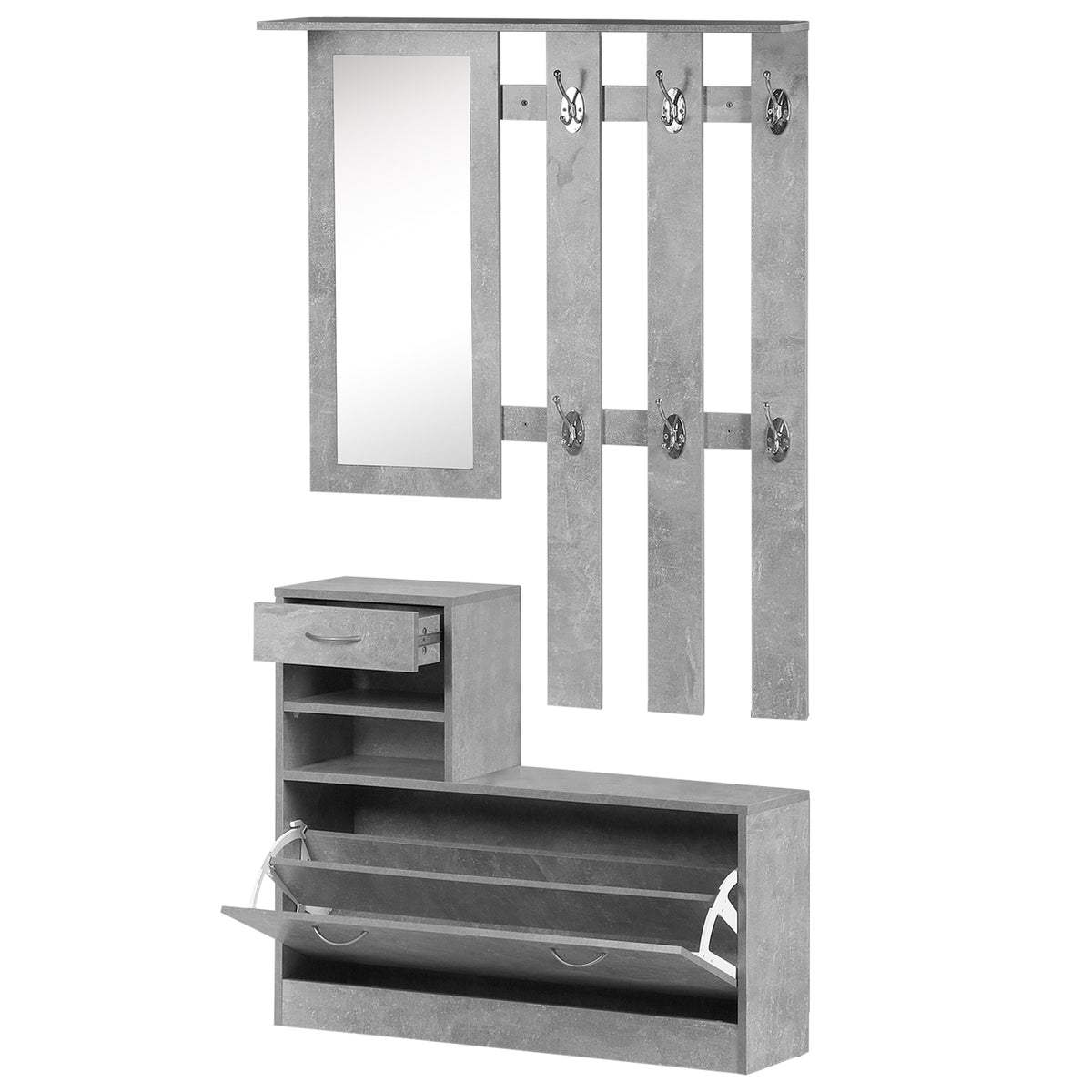 Móvel Cabide de Entrada de 3 Peças Armário de Entrada com Cabide Espelho Sapateira e Gaveta 90x10x102 cm Cinza — foto 1