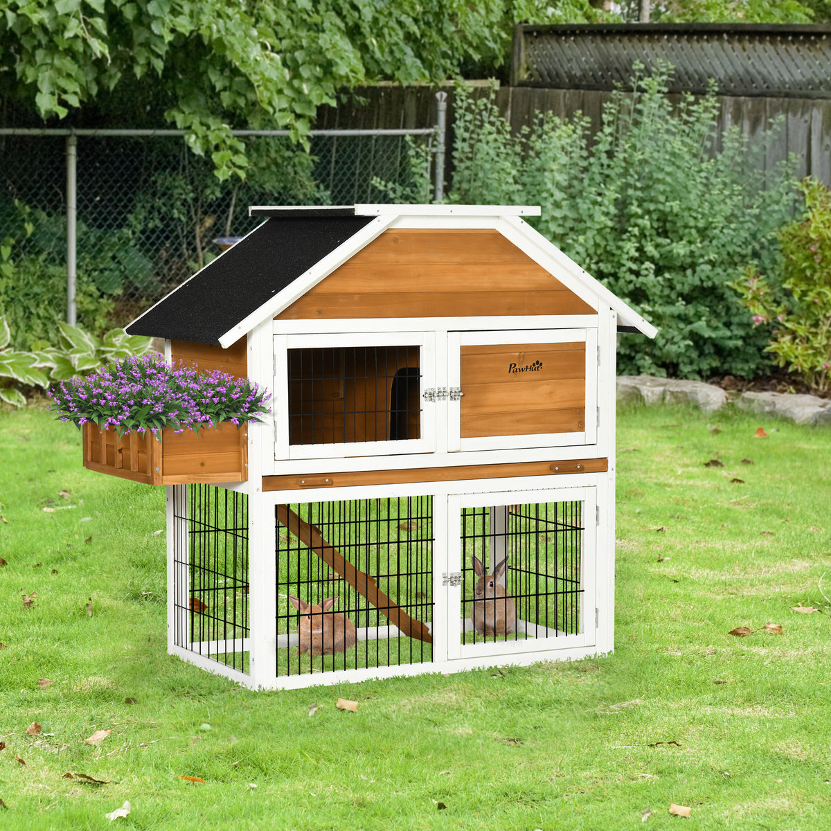 Coelheira de Madeira de Exterior Gaiola para Coelhos de 2 Níveis com Teto Asfáltico Cerca de Metal Floreira para Cultivo Bandeja Removível Portas e Rampa 123x58x106cm Madeira — foto 2