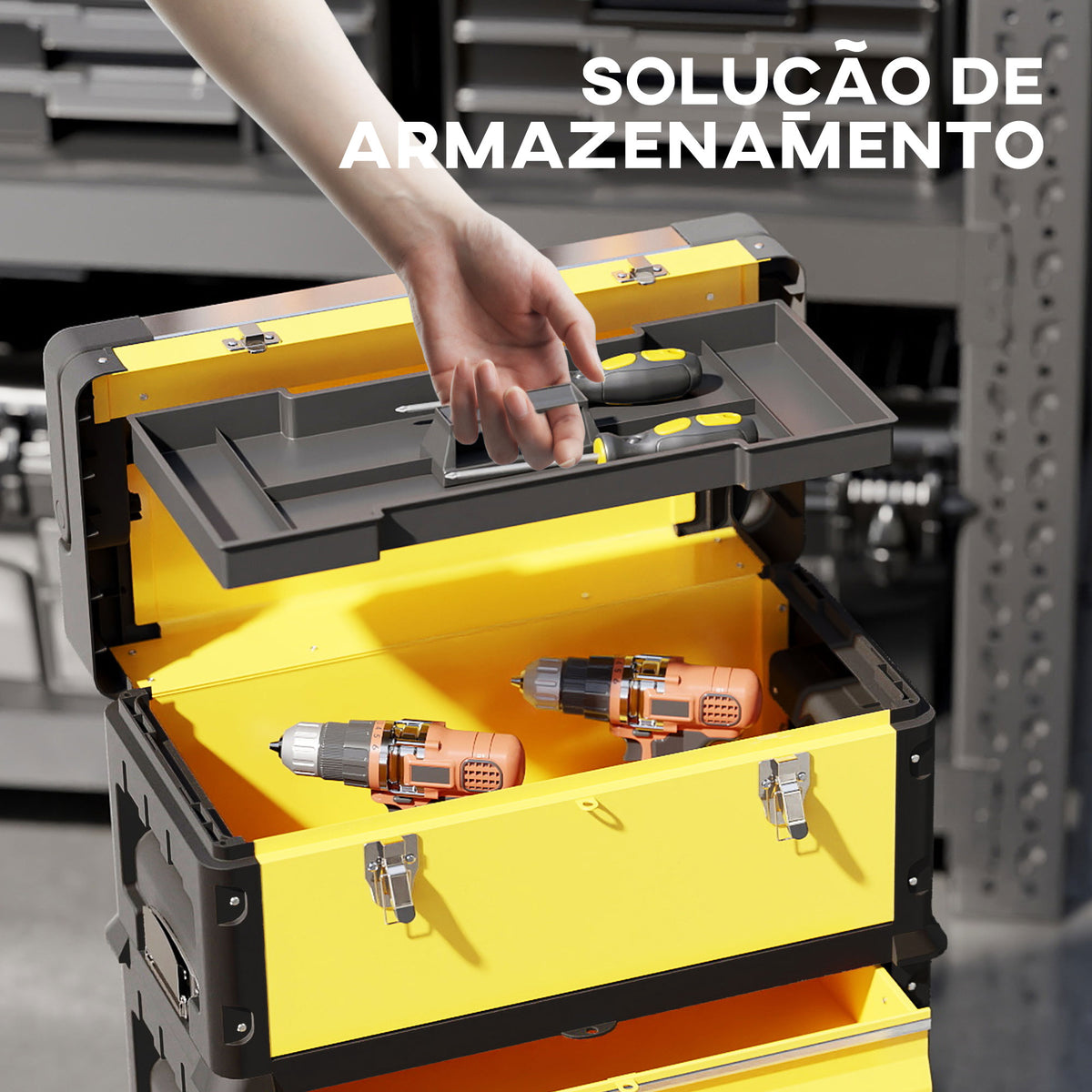 Caixa de Ferramentas Empilhável 3 em 1 Caixa de Ferramentas com Rodas Carro de Ferramentas de Aço com Bandeja e Cabo Telescópico 52x32x72 cm Amarelo e Preto — foto 5