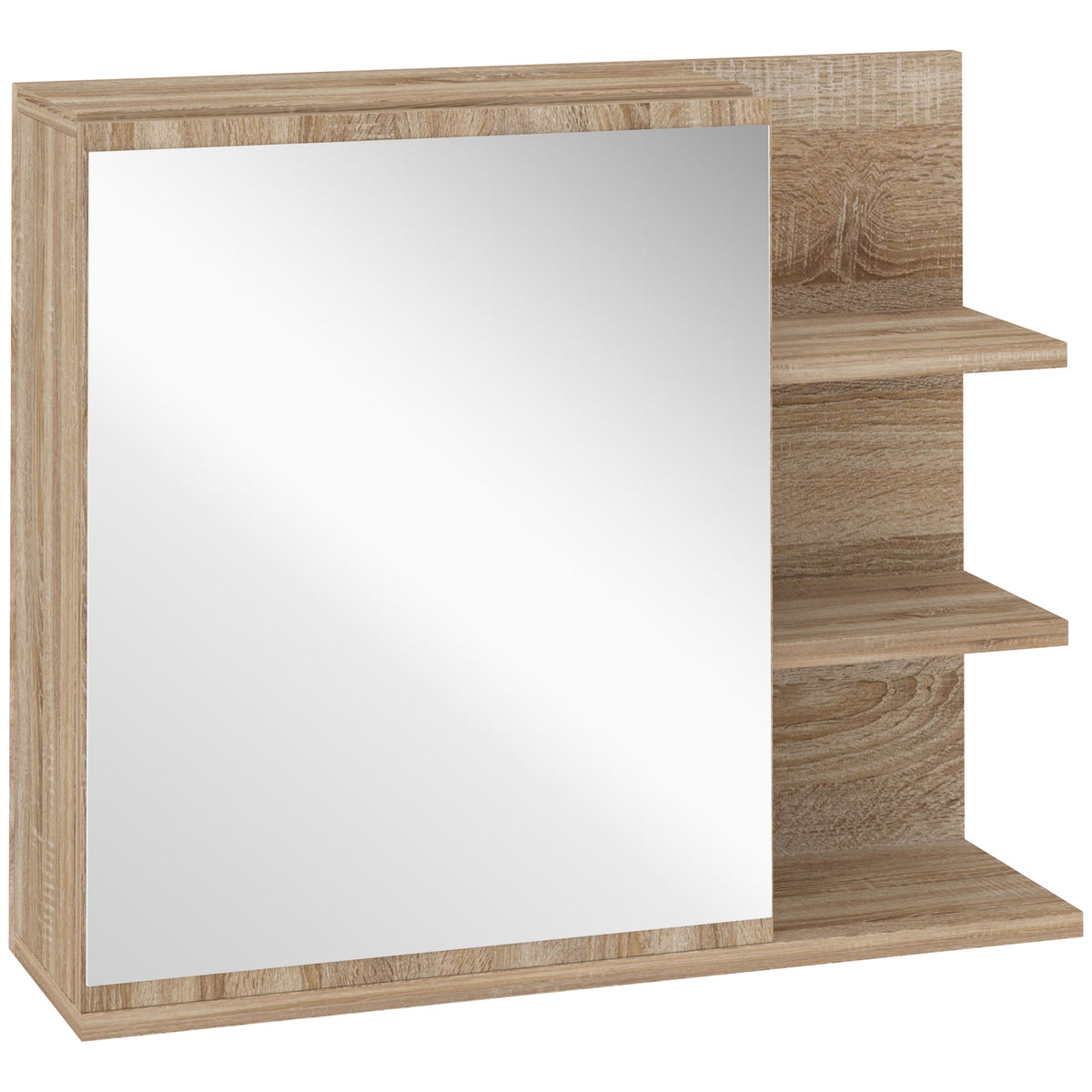 Armário Casa de Banho com Espelho Montado na Parede com 3 Prateleiras Abertas e 1 Porta com Prateleira Interior Estilo Moderno 60x18x50 cm Natural — foto 1