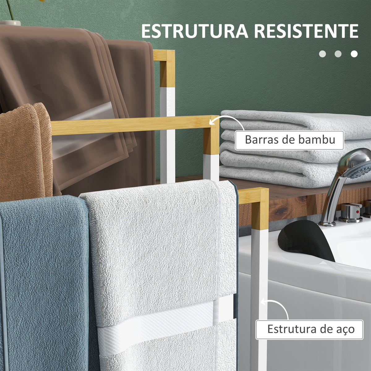 Toalheiro de Pé de 3 Níveis Toalheiro em Forma de Escada com 3 Barras de Bambu e Estrutura de Aço para Casa de Banho 45x22,5x86 cm Branco e Madeira — foto 5