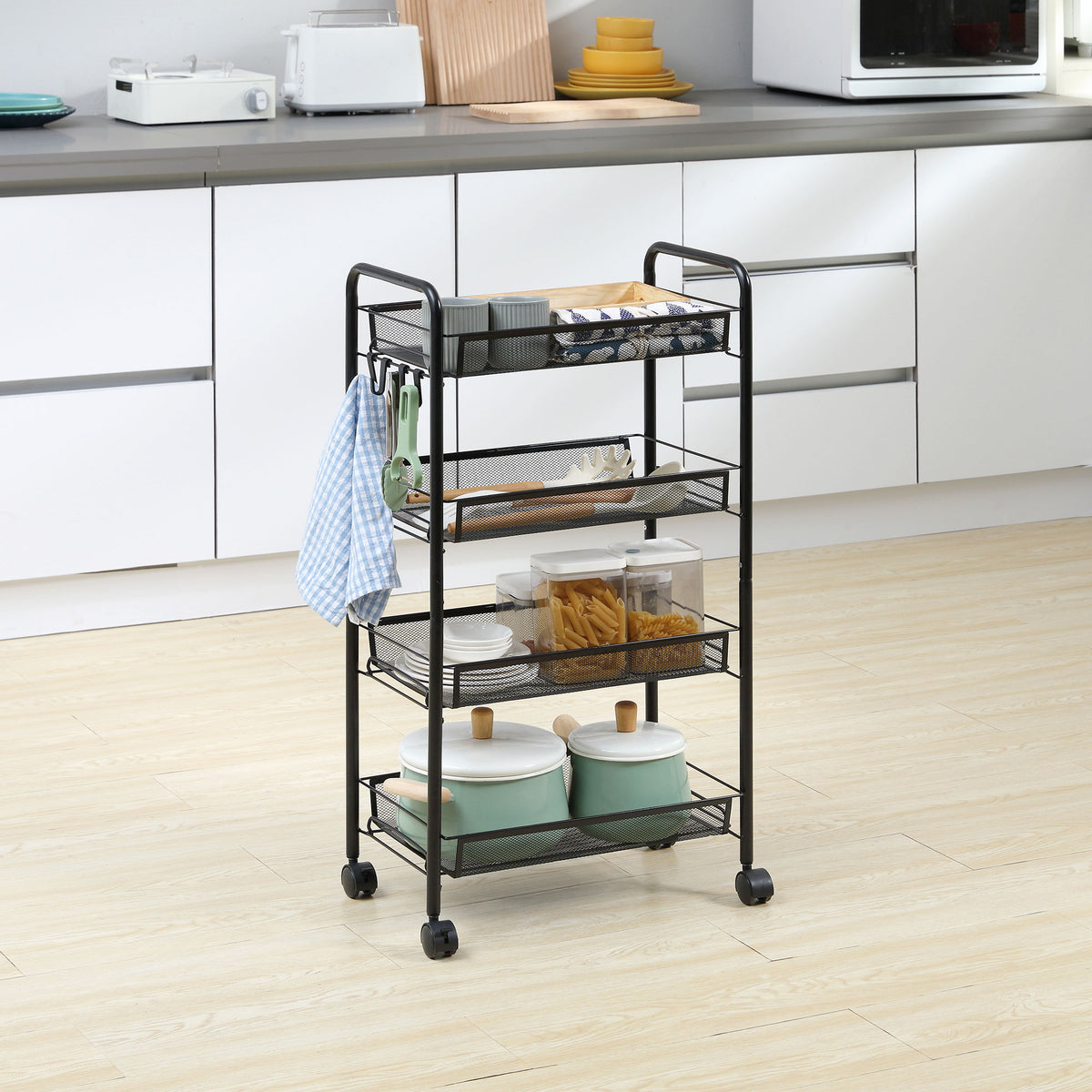 Carrinho Auxiliar com Rodas Carrinho de Cozinha de 4 Níveis Carrinho de Armazenamento com 4 Ganchos Carga 12 kg para Sala de Jantar Casa de Banho 45x26,5x84 cm Preto — foto 2