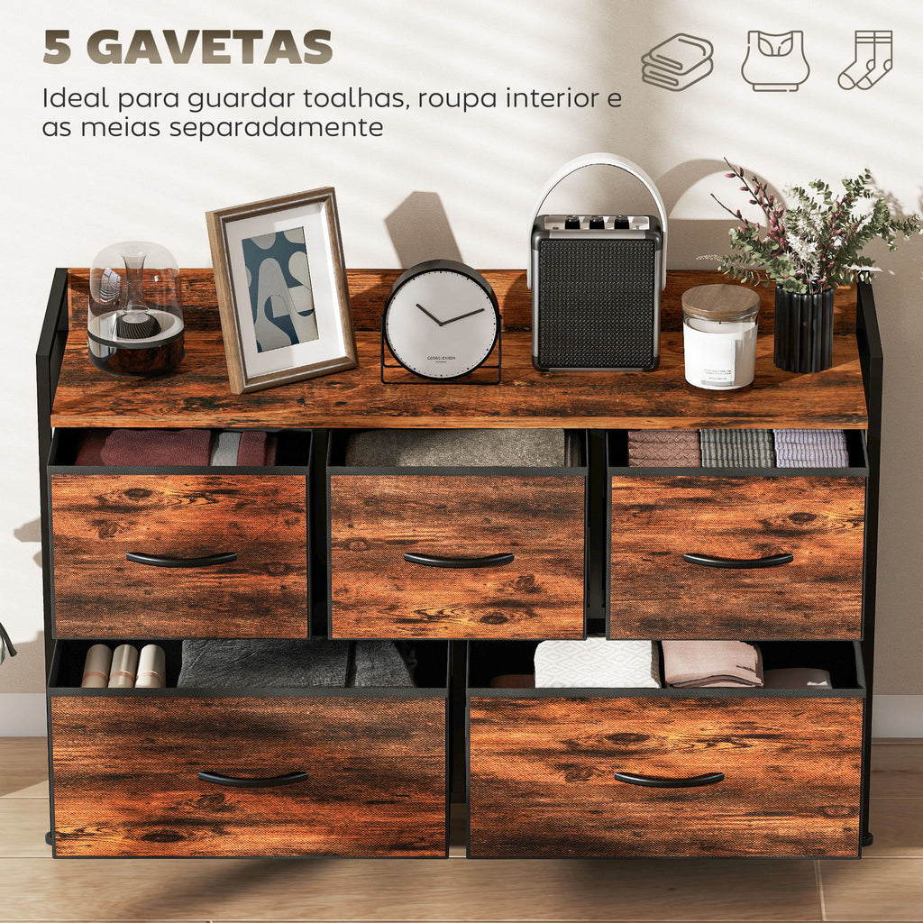 Cómoda com 5 Gavetas de Tecido Cómoda de Estilo Industrial com Estrutura Metálica para Sala de Estar Entrada Quarto 98x29x63 cm Castanho Rústico — foto 4