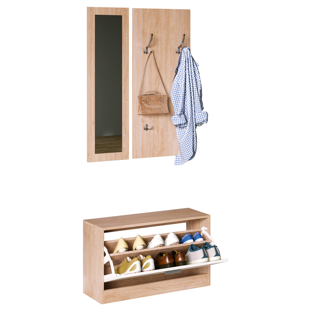 Móvel Cabide de Entrada de 3 Peças Armário de Entrada com Cabide Espelho e Sapateira 80x27x46,5cm Madeira e Branco — foto 1
