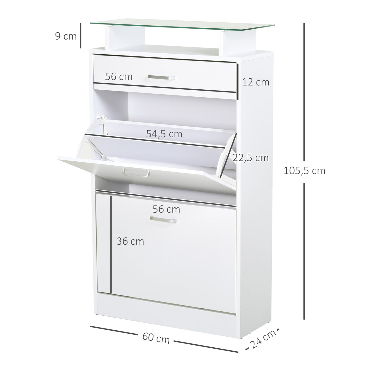 Móvel Sapateiro de 2 Portas Sapateiro Estreito para 12 Pares de Sapatos com Gaveta Prateleira Aberta e Bancada de Vidro para Corredor Entrada 60x24x105,5cm Branco — foto 3