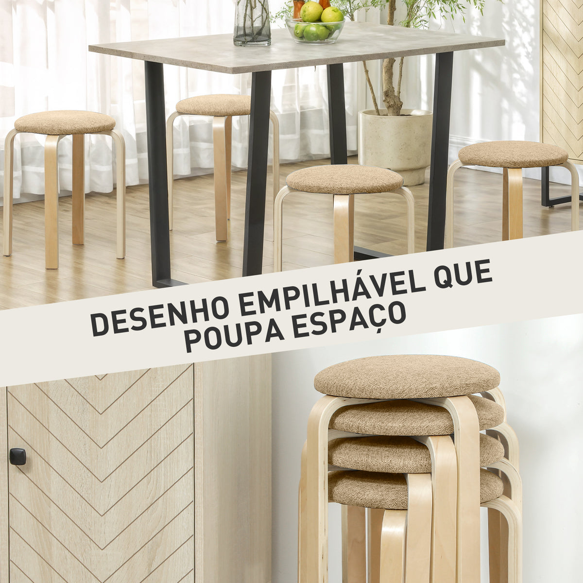 Conjunto de 4 Bancos Empilháveis Redondos Bancos Baixos de Cozinha com Assento Acolchoado para Sala de Jantar Quarto Escritório Sala Caqui e Madeira — foto 4
