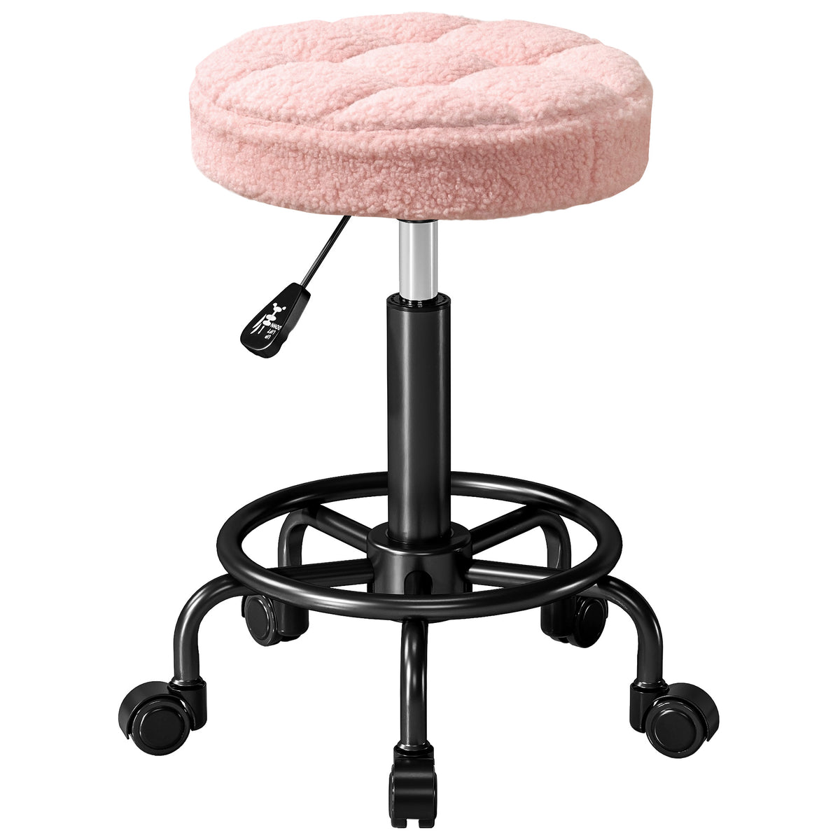 Banco Giratório Redondo Banco com Rodas Altura Regulável 50-66 cm Assento Estofado em Tecido tipo Borreguito para Salões Oficinas Spa Massagem Rosa — foto 1