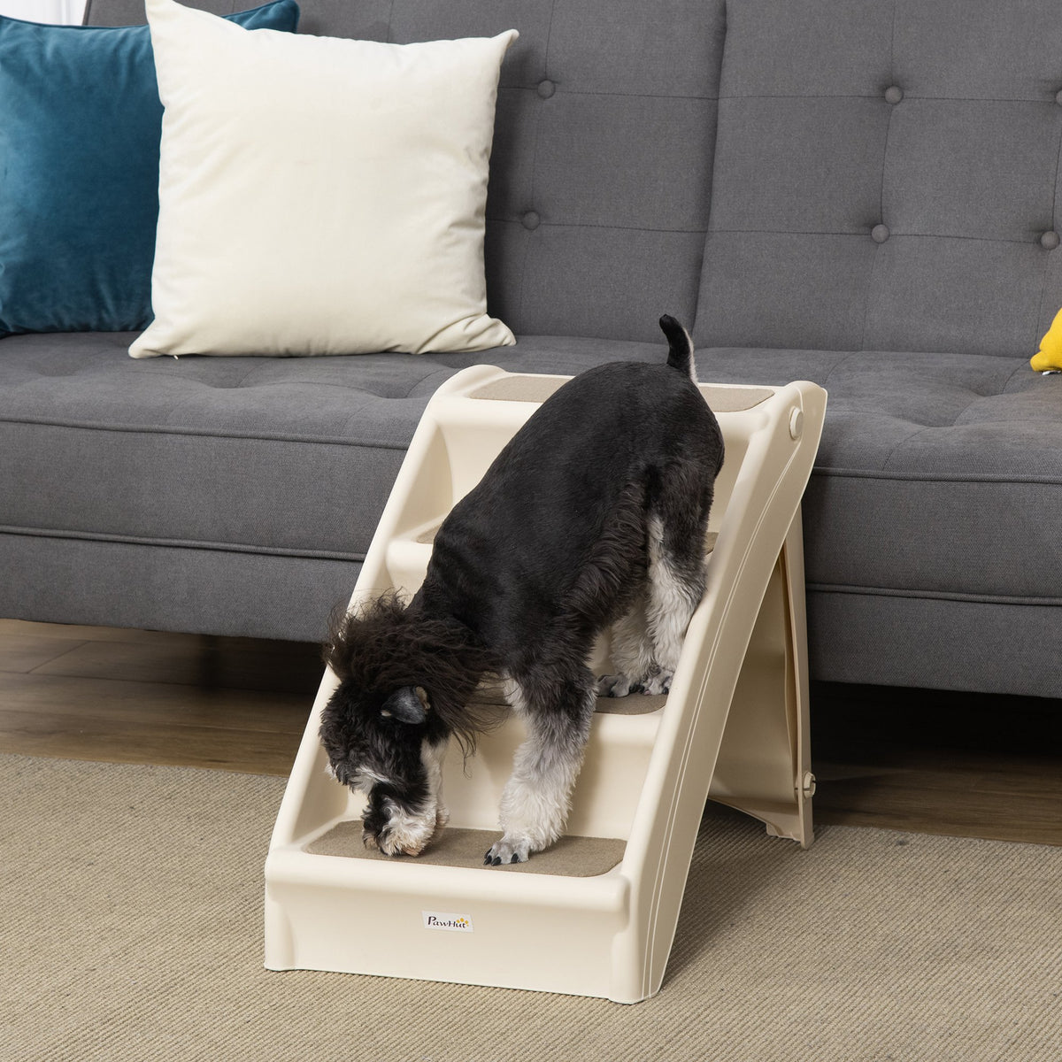 Escada Dobrável para Animais de Estimação de 4 Degraus para Cães Gatos Portátil com Tapetes Antiderrapantes para Cama Sofá Carga 20kg 67x38x49,5cm Bege — foto 2