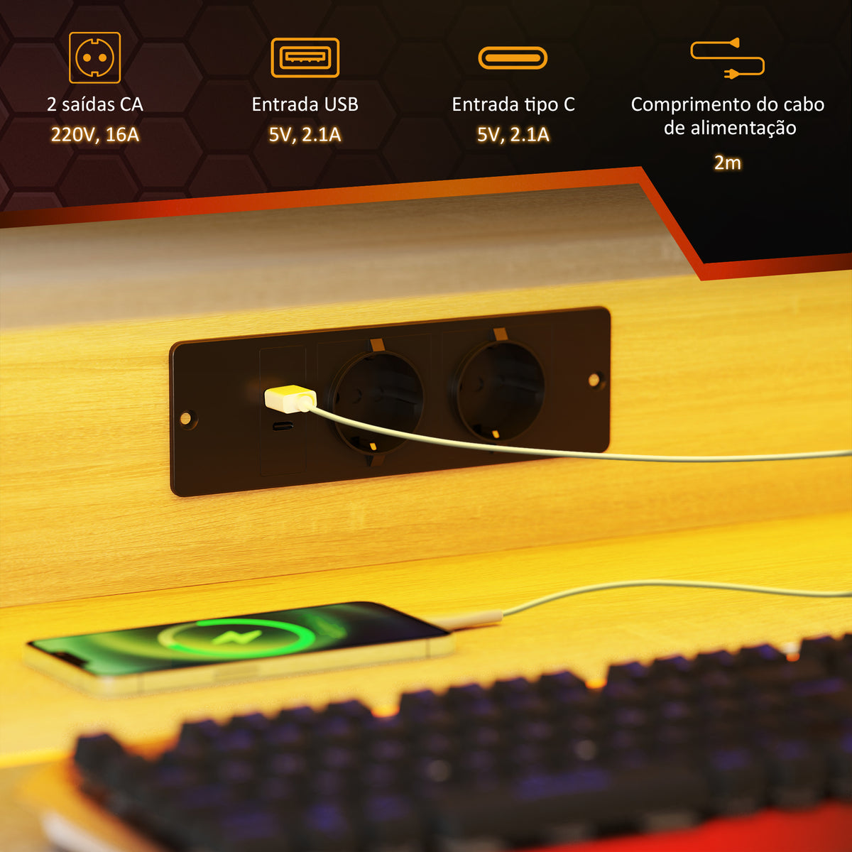 Mesa Gaming com Luzes LED, 100x60 cm, Secretária Gaming, Mesa Gamer com Tomadas Elétricas, Suporte para Monitor, Prateleiras e Controlo Remoto, para Escritório, Estúdio, Natural — foto 5