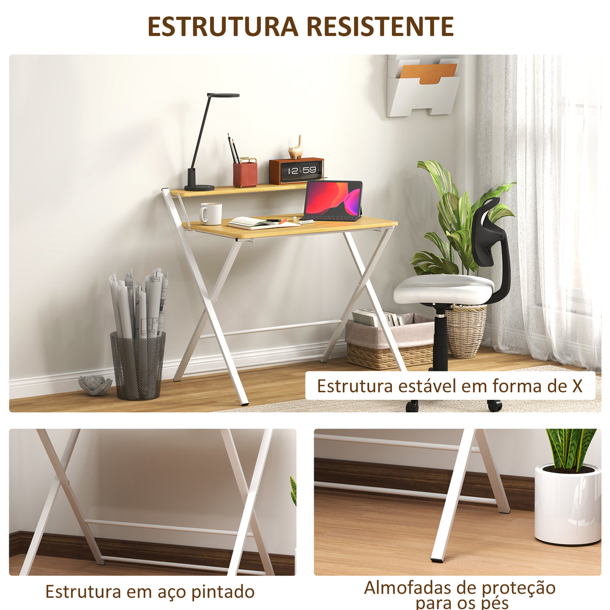 Secretária Dobrável Mesa de Computador Dobrável com Prateleira Aberta Secretária Pequena para Escritório Casa 86x66x82 cm Madeira — foto 6