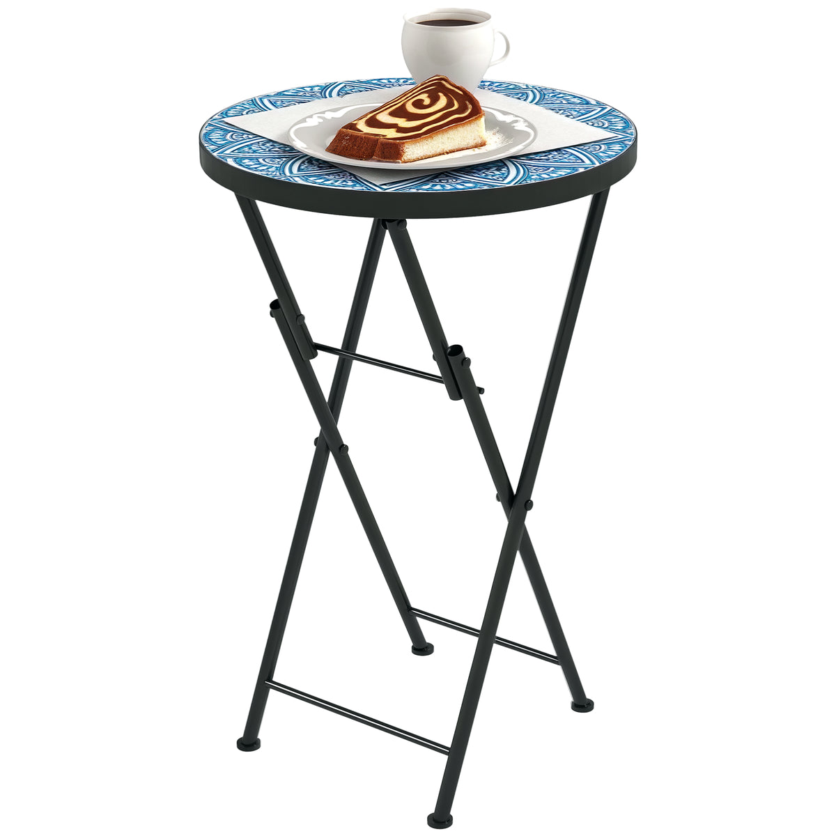 Mesa Auxiliar Redonda Mesa de Jardim Dobrável com Bancada em Mosaico e Pés com Almofadas Antiderrapantes Mesa para Exterior Pátio Varanda Ø35,5x55 cm Azul — foto 1