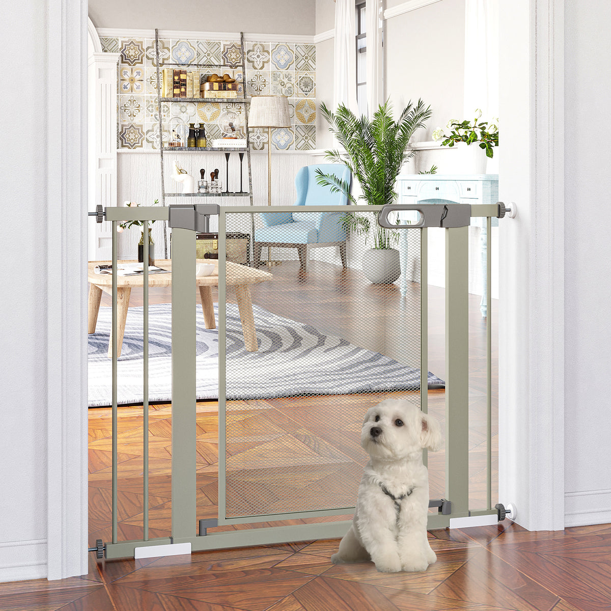 Barreira de Segurança para Cães Extensível 75-103 cm Barreira para Escada e Portas com 2 Extensões Duplo Bloqueio Fechamento Automático Cinza — foto 2