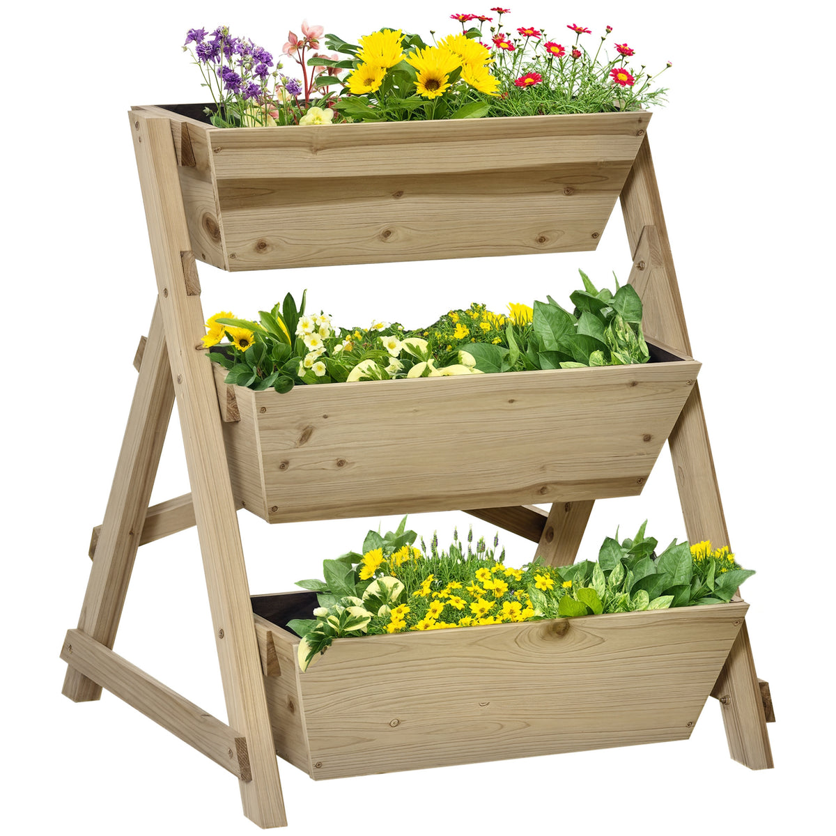 Horta de Escada de 3 Níveis Horta de Madeira com Tecido não tecido e Orifícios de Drenagem Horta para Plantas Flores Ervas 71x61x77cm Madeira Natural — foto 1