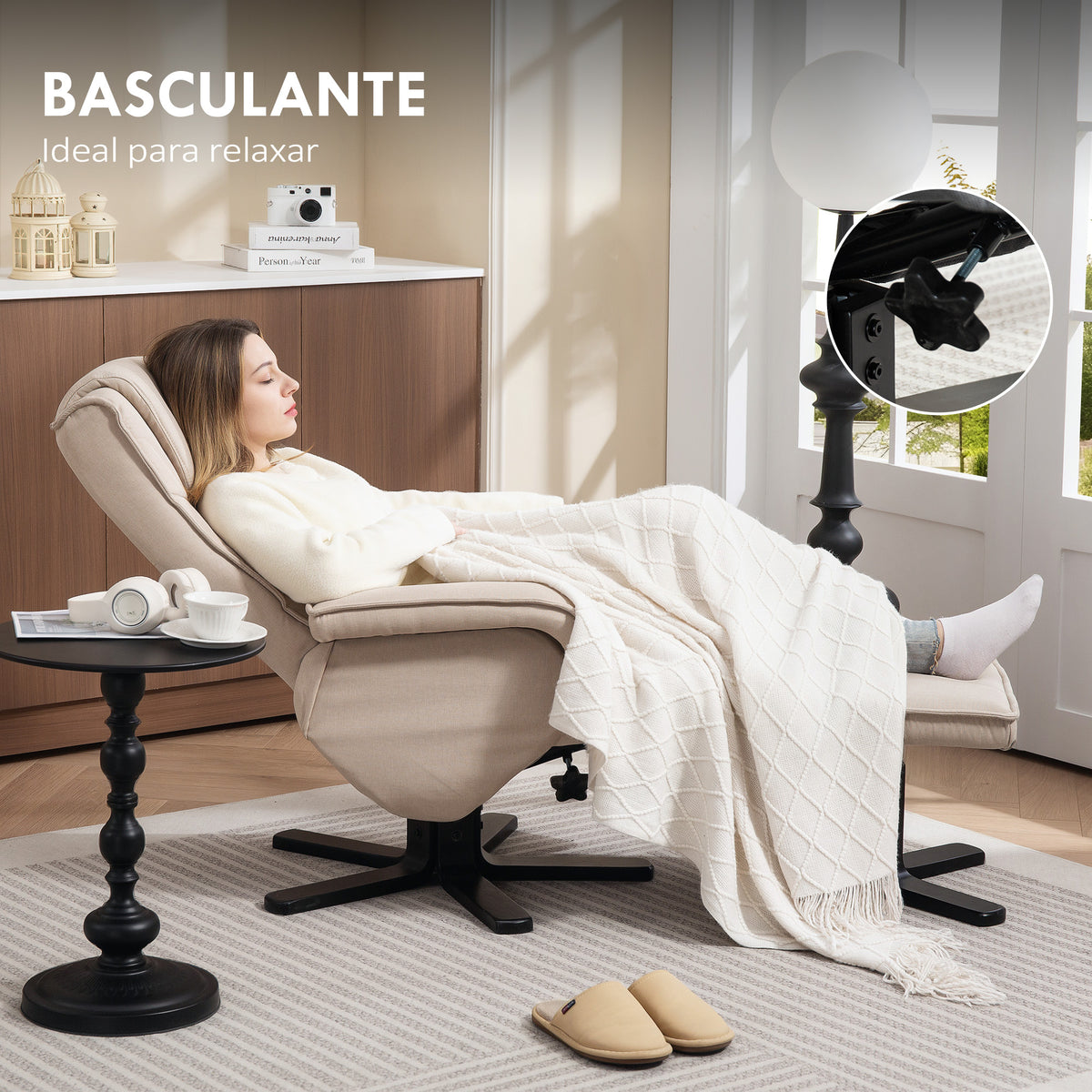 Poltrona Relax Reclinável com Apoio para os Pés Poltrona Giratória Estofada em Linho com Base de Madeira Função Baloiço Poltrona para Quarto Sala de Estar 67x87x96 cm Bege — foto 5