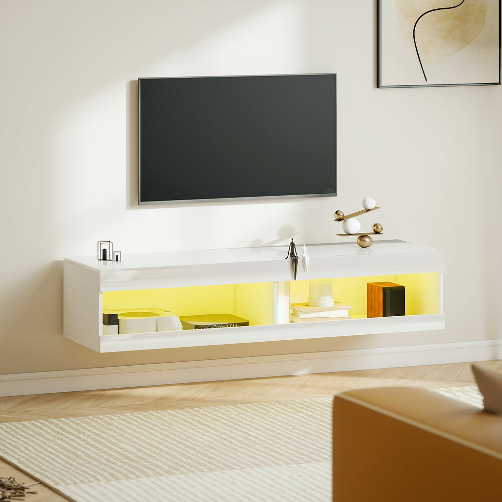 Móvel de TV Suspenso com Luzes LED Controlo Remoto Compartimentos Orifício Passa-Cabos para Televisão 55-60 Polegadas 140x40x30 cm Branco Brilhante — foto 2
